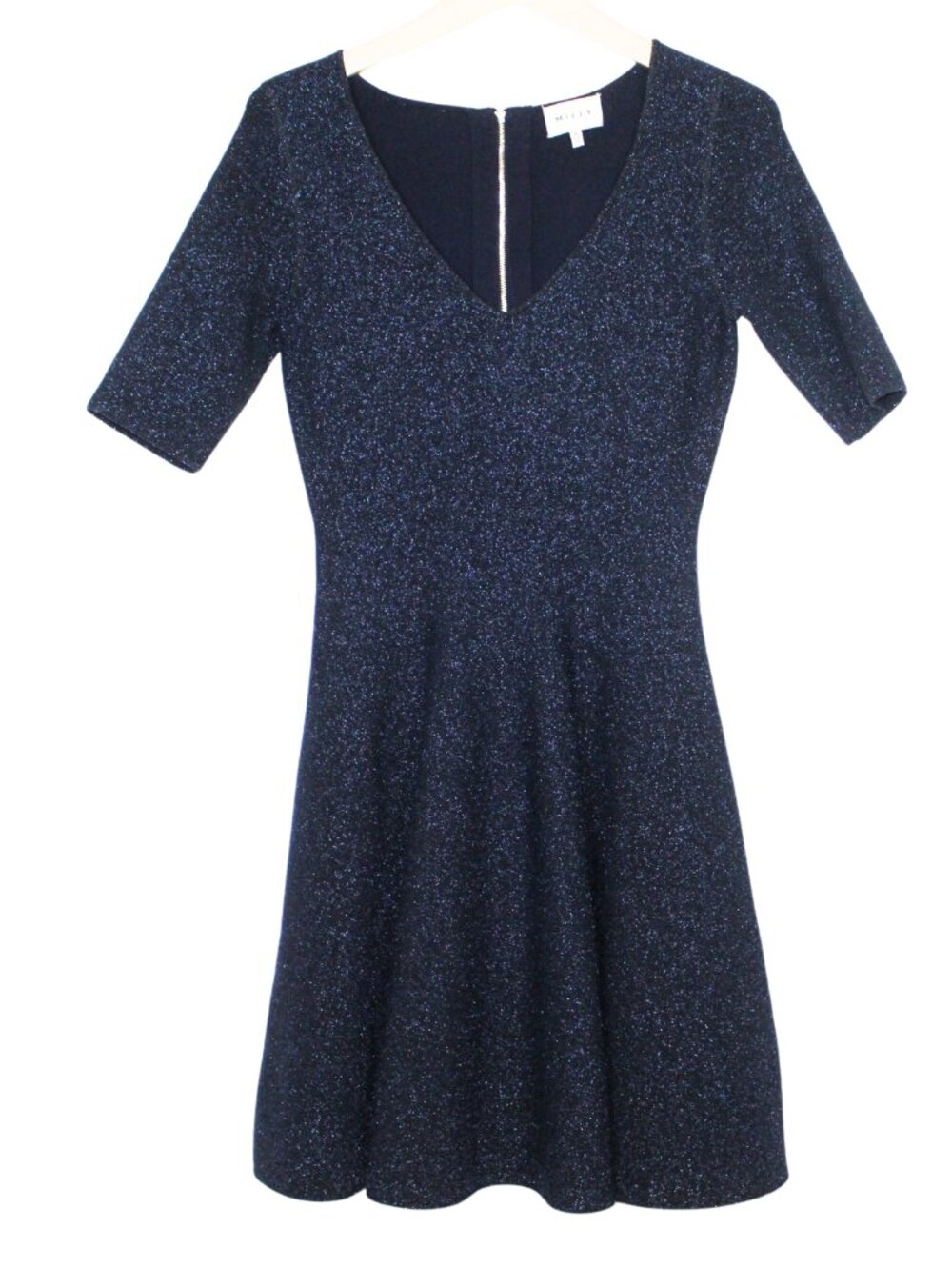 Milly women's dress size S blue metallic skater v-neck short sleeve party mini